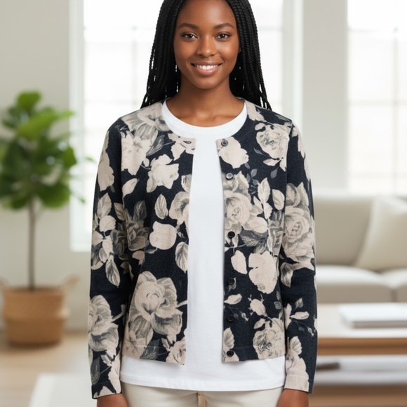 Talbots Floral 100% Pure Merino Wool Button Down Cardigan Sweater Size Small - Picture 2 of 10
